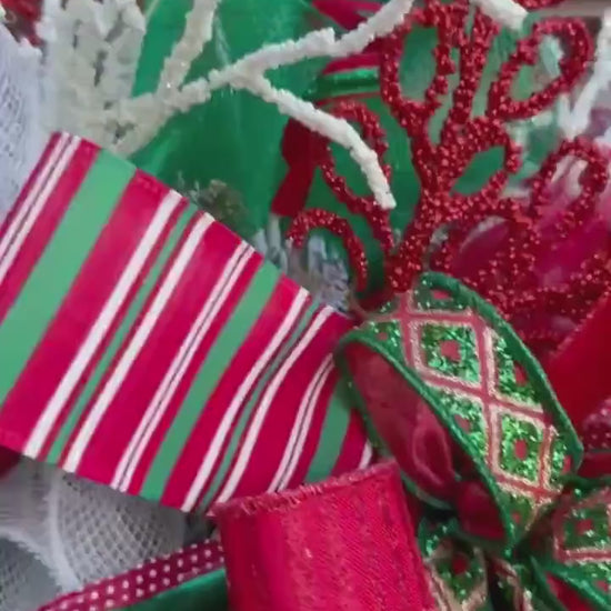 Whimsical Christmas Wreath with Glittered Lights and Ribbons – Red and Green Holiday Door Decor