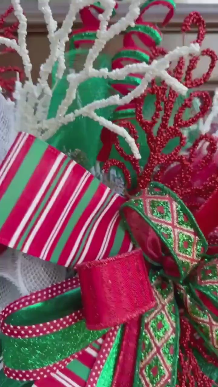 Whimsical Christmas Wreath with Glittered Lights and Ribbons – Red and Green Holiday Door Decor