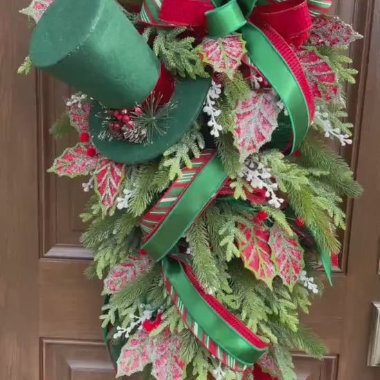 Traditional Christmas Teardrop Swag Wreath, Top Hat Holiday Home Decor, Outdoor Porch or Indoor Office Wall Hanger Glam Piece