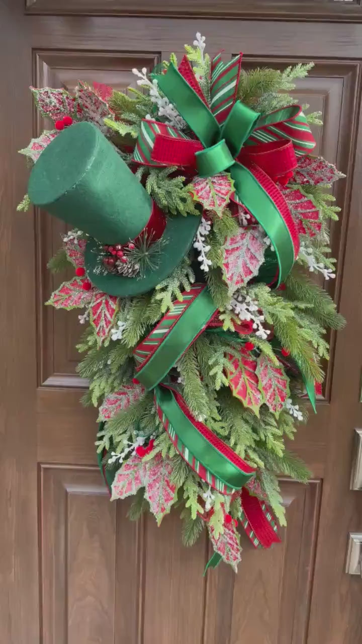 Traditional Christmas Teardrop Swag Wreath, Top Hat Holiday Home Decor, Outdoor Porch or Indoor Office Wall Hanger Glam Piece