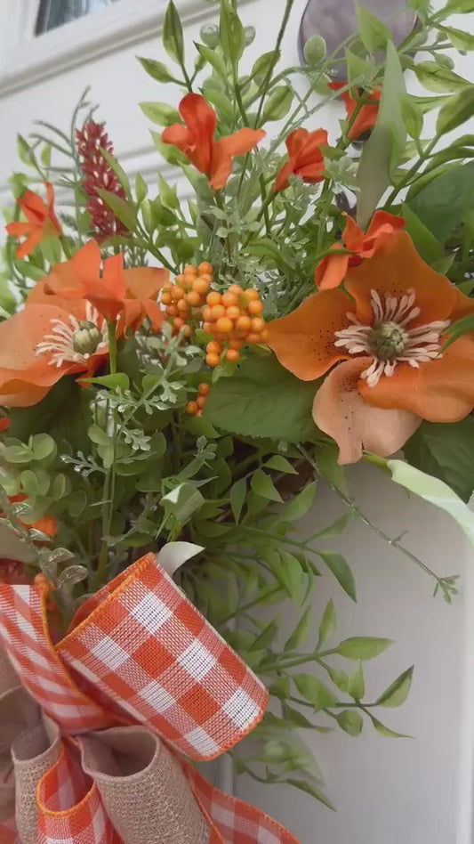Orange Floral Grapevine Wreath for Front Door Colorful Fall Home Decor for Outdoor Porch or Indoor Office Wall Hanger