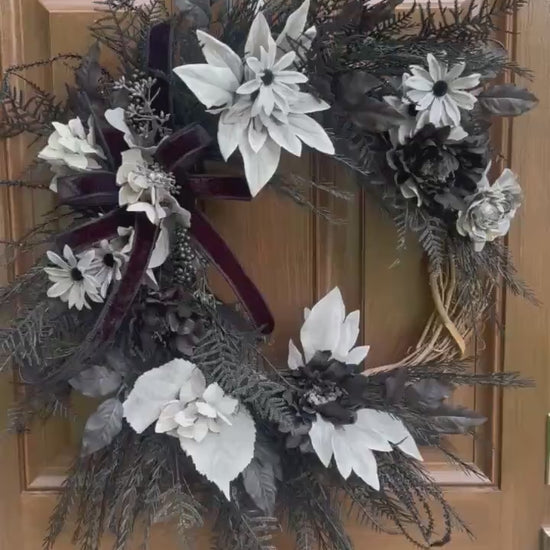 Gothic Halloween Wreath for Front Door, Black and Grey Fall Home Decor for Outdoor Porch or Indoor Office Wall Hanging Goth, Halloween Decor