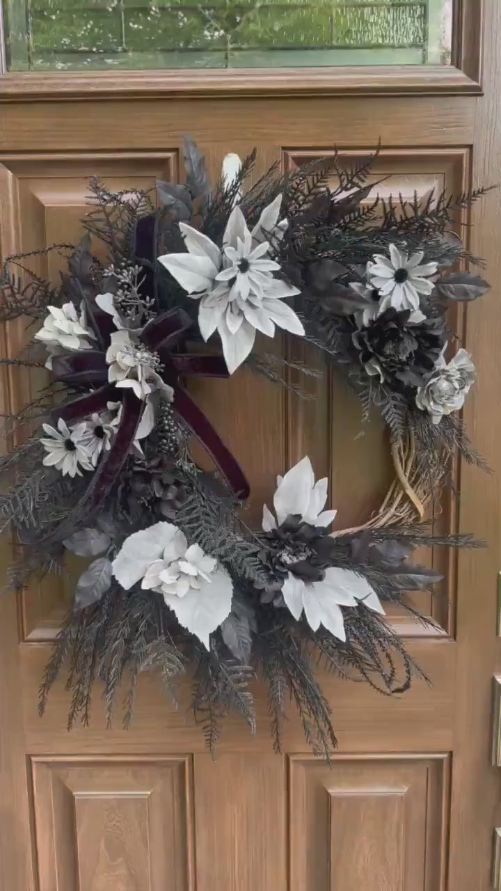 Gothic Halloween Wreath for Front Door, Black and Grey Fall Home Decor for Outdoor Porch or Indoor Office Wall Hanging Goth, Halloween Decor