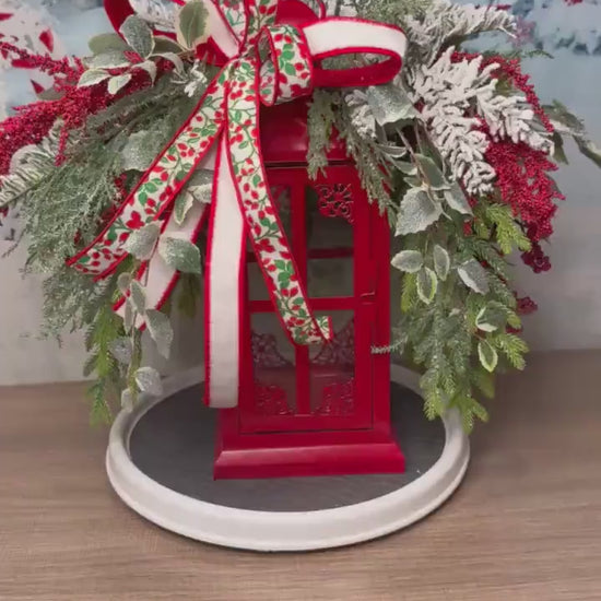 Red Christmas Lantern Arrangement with Holly Ribbon & Winter Greenery, Holiday Table Centerpiece or Mantle Decor, Holiday Decor for Porch