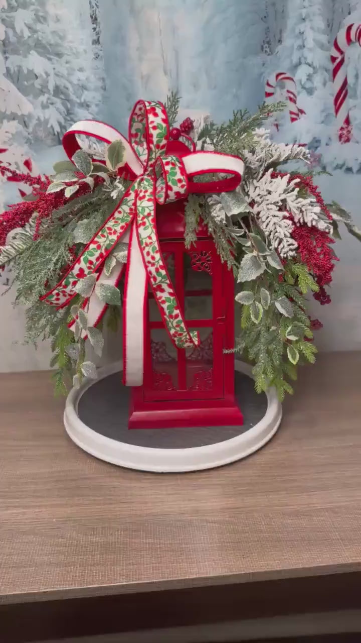 Red Christmas Lantern Arrangement with Holly Ribbon & Winter Greenery, Holiday Table Centerpiece or Mantle Decor, Holiday Decor for Porch