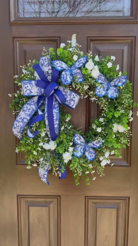 Chinoiserie Grapevine Wreath for Front Door, Butterfly Floral Home Decor for Outdoor Porch or Indoor Office Wall Art, Birthday Gift for Her