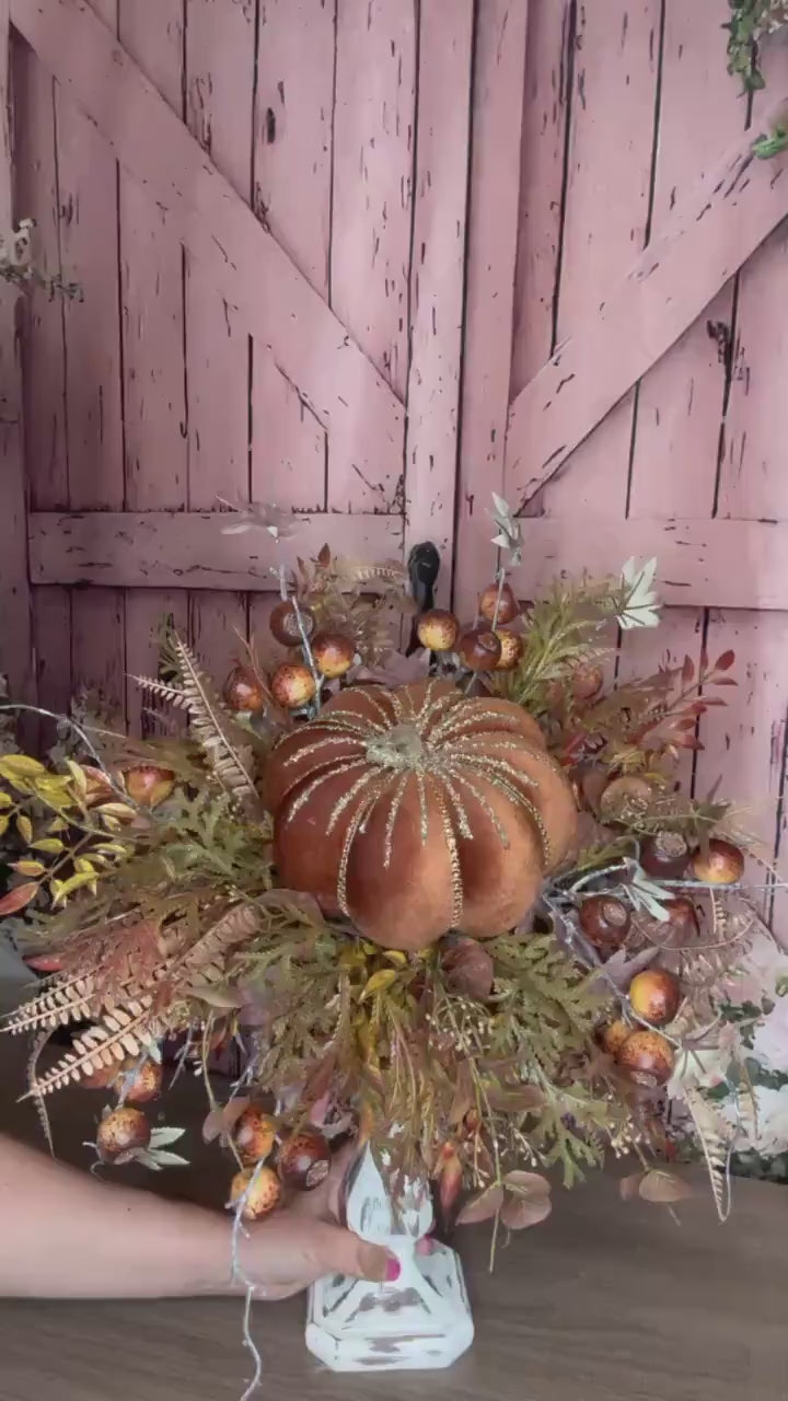 Elegant Fall Pumpkin Candlestick Arrangement | Rustic Autumn Table Centerpiece | Handmade Fall Decor
