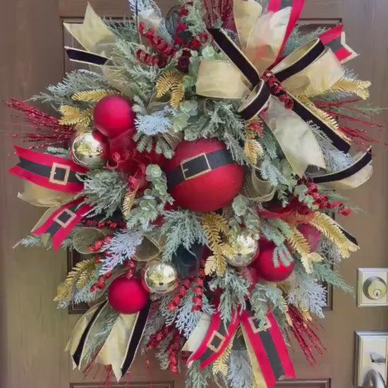 Christmas Wreath with Santa Belt Ornament, Red Gold Winter Holiday Porch Decor, Winter Front Porch Decoration, Festive Wall Hanger