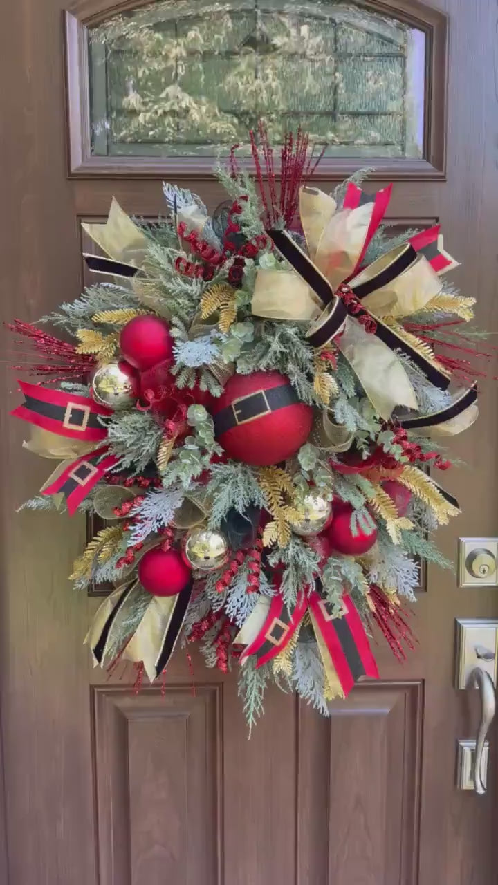 Christmas Wreath with Santa Belt Ornament, Red Gold Winter Holiday Porch Decor, Winter Front Porch Decoration, Festive Wall Hanger
