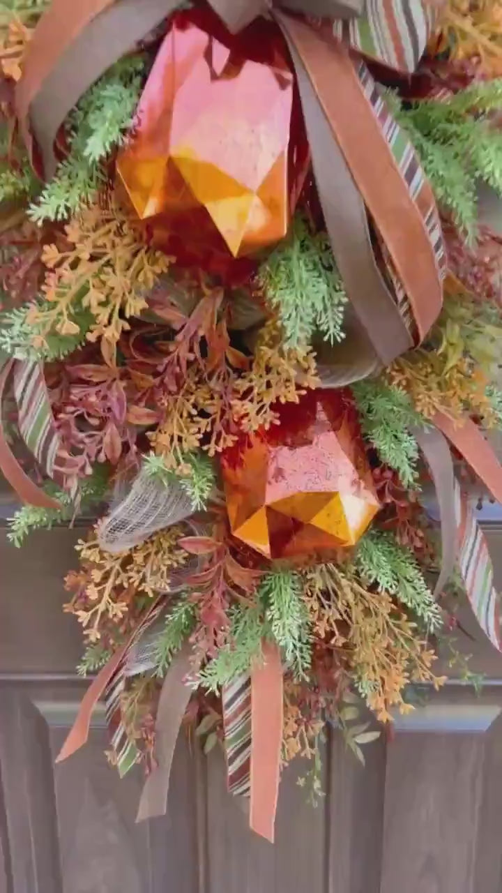 Rustic Fall Swag Wreath, Autumn Jewel Door Decor for Outdoor Porch or Indoor Office Wall Hanger, Farmhouse Swag Door Accent for Home Decor