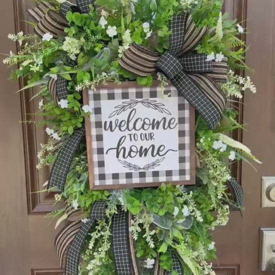 Welcome To Our Home Wreath, Everyday Front Door Decor, Farmhouse Greenery Hanger with Welcome Sign, Year Round Door Decoration