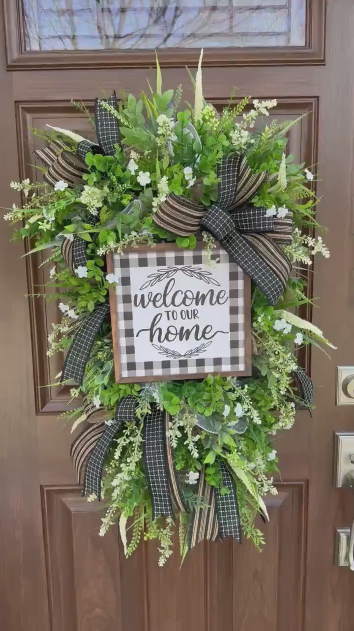 Welcome To Our Home Wreath, Everyday Front Door Decor, Farmhouse Greenery Hanger with Welcome Sign, Year Round Door Decoration