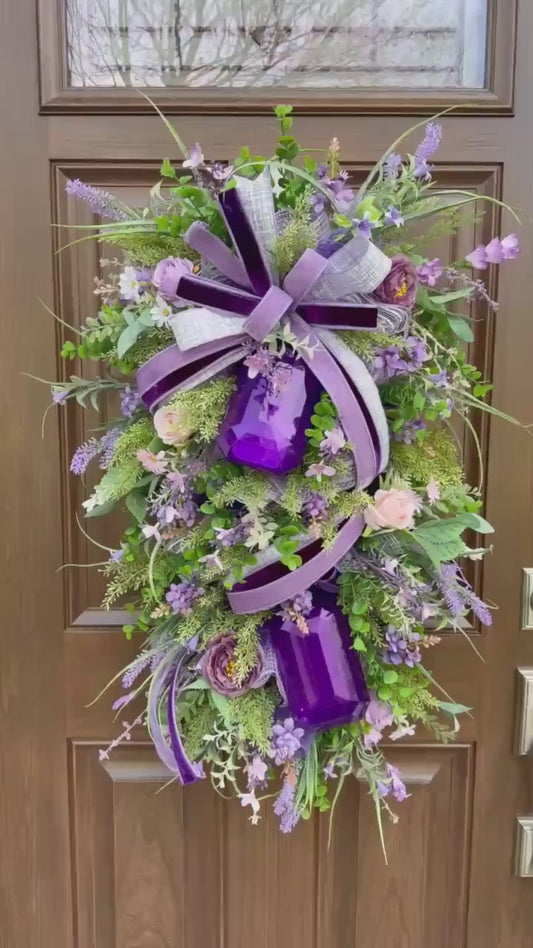 Elegant Purple Jewel Door Swag Wreath, Lavender Wedding Floral Wreath, Sophisticated Spring Floral Decor for Front Door or Wall Accent
