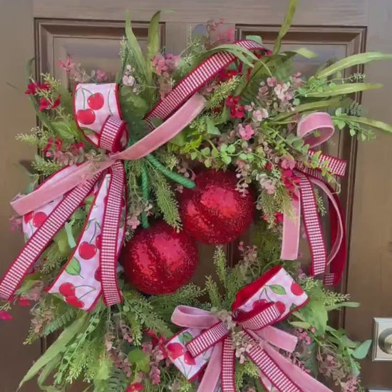 Pink Cherry Moss Wreath, Summer Decor for Outdoor Porch or Indoor Office, Cherry Door Decor, Spring Home Accent