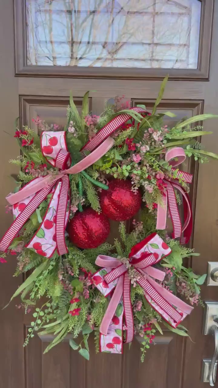 Pink Cherry Moss Wreath, Summer Decor for Outdoor Porch or Indoor Office, Cherry Door Decor, Spring Home Accent