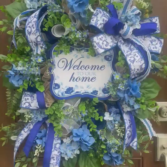 Blue Hydrangea Wreath, Welcome Door Wreath, Blue & White Front Door Decor, Spring Summer Wreath, Farmhouse Porch Decoration