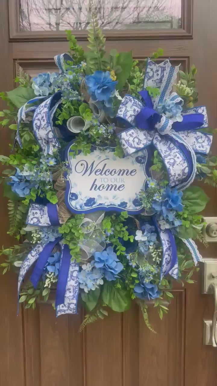 Blue Hydrangea Wreath, Welcome Door Wreath, Blue & White Front Door Decor, Spring Summer Wreath, Farmhouse Porch Decoration
