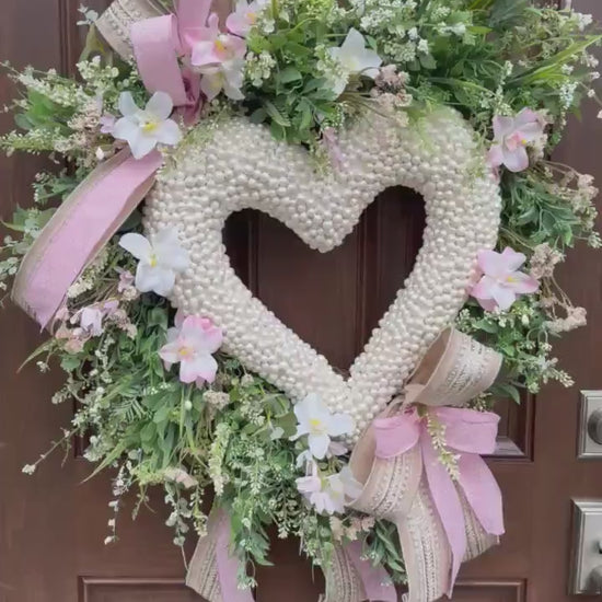 Heart Shaped Pearl Wreath with Pink Flowers, Spring Front Door Decor, Romantic Valentine Wreath, Blush Floral Wreath for Wedding