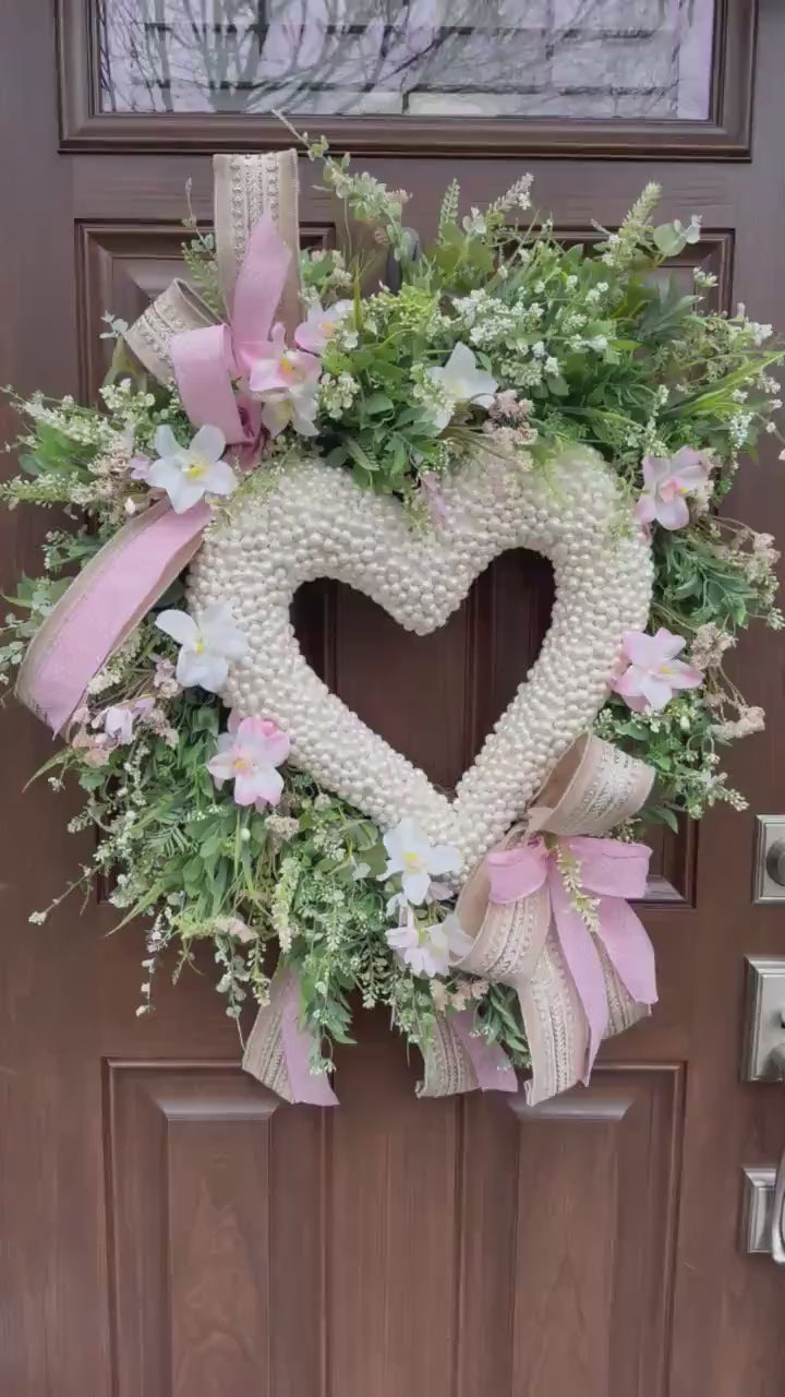 Heart Shaped Pearl Wreath with Pink Flowers, Spring Front Door Decor, Romantic Valentine Wreath, Blush Floral Wreath for Wedding