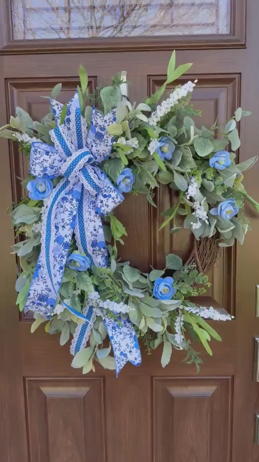 Spring Floral Grapevine Door Wreath, Lambs Ear and Rose Wreath, Spring Summer Door Decor, Farmhouse Welcome Wreath for Outdoor Porch