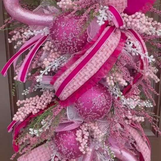 Whimsical Pink Valentine Swag Wreath, Romantic Heart Valentine Front Door Decor, Handmade Valentine Swag