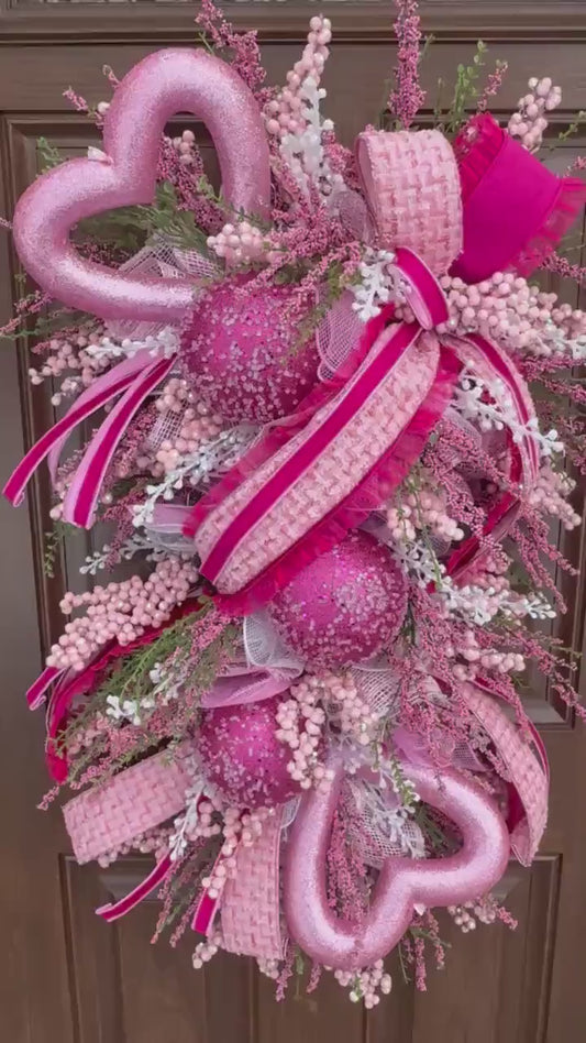 Whimsical Pink Valentine Swag Wreath, Romantic Heart Valentine Front Door Decor, Handmade Valentine Swag
