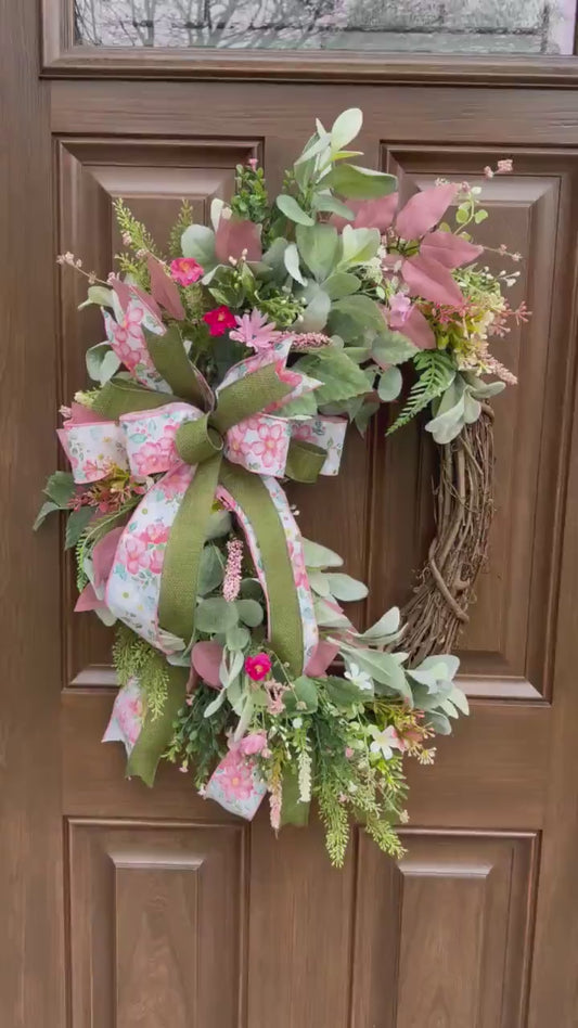 Pink Floral Spring Grapevine Wreath for Front Door, Elegant Garden Wreath with Lamb’s Ear and Greenery, Mother’s Day Gift for Her