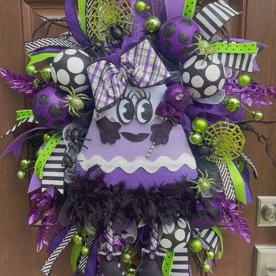 Halloween Purple Witch Wreath, Cute Halloween Wreath, Candy Corn Door Hanger, Purple and Green Halloween Party Decor, Halloween Home Decor