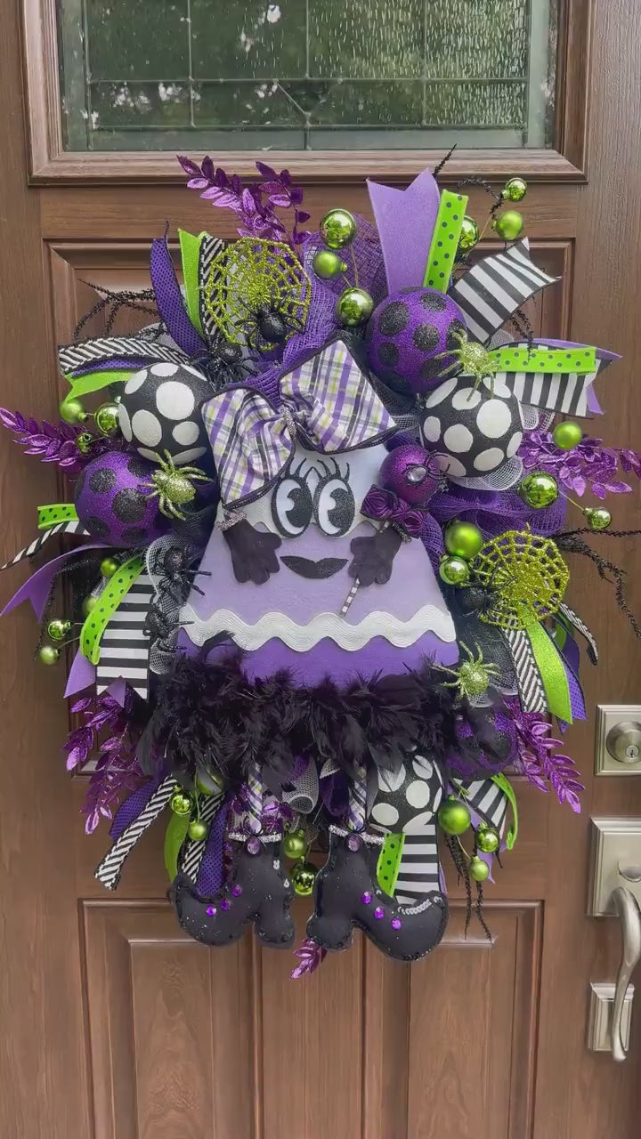 Halloween Purple Witch Wreath, Cute Halloween Wreath, Candy Corn Door Hanger, Purple and Green Halloween Party Decor, Halloween Home Decor
