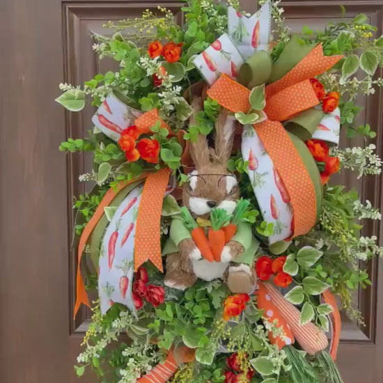 Whimsical Bunny Carrot Spring Wreath, Easter Front Door Decor, Handmade Spring Wreath with Bunny, Greenery & Carrot Ribbon