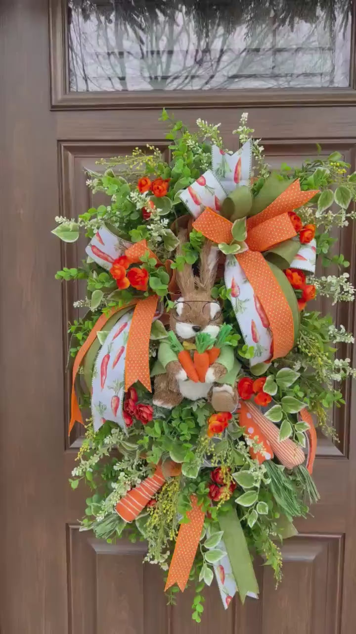 Whimsical Bunny Carrot Spring Wreath, Easter Front Door Decor, Handmade Spring Wreath with Bunny, Greenery & Carrot Ribbon