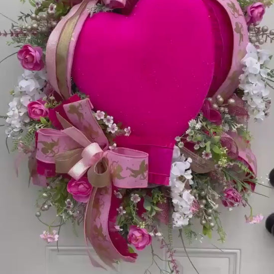 Flocked Pink Heart Wreath, Whimsical Valentine Home Decor for Outdoor Porch or Indoor Office Wall Hanger