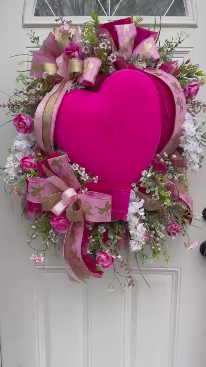Flocked Pink Heart Wreath, Whimsical Valentine Home Decor for Outdoor Porch or Indoor Office Wall Hanger
