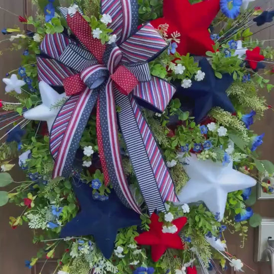 Patriotic Star Wreath for Front Door, Red White and Blue Summer Wreath, 4th of July Decor, Memorial Day Wreath, Americana Door Hanger