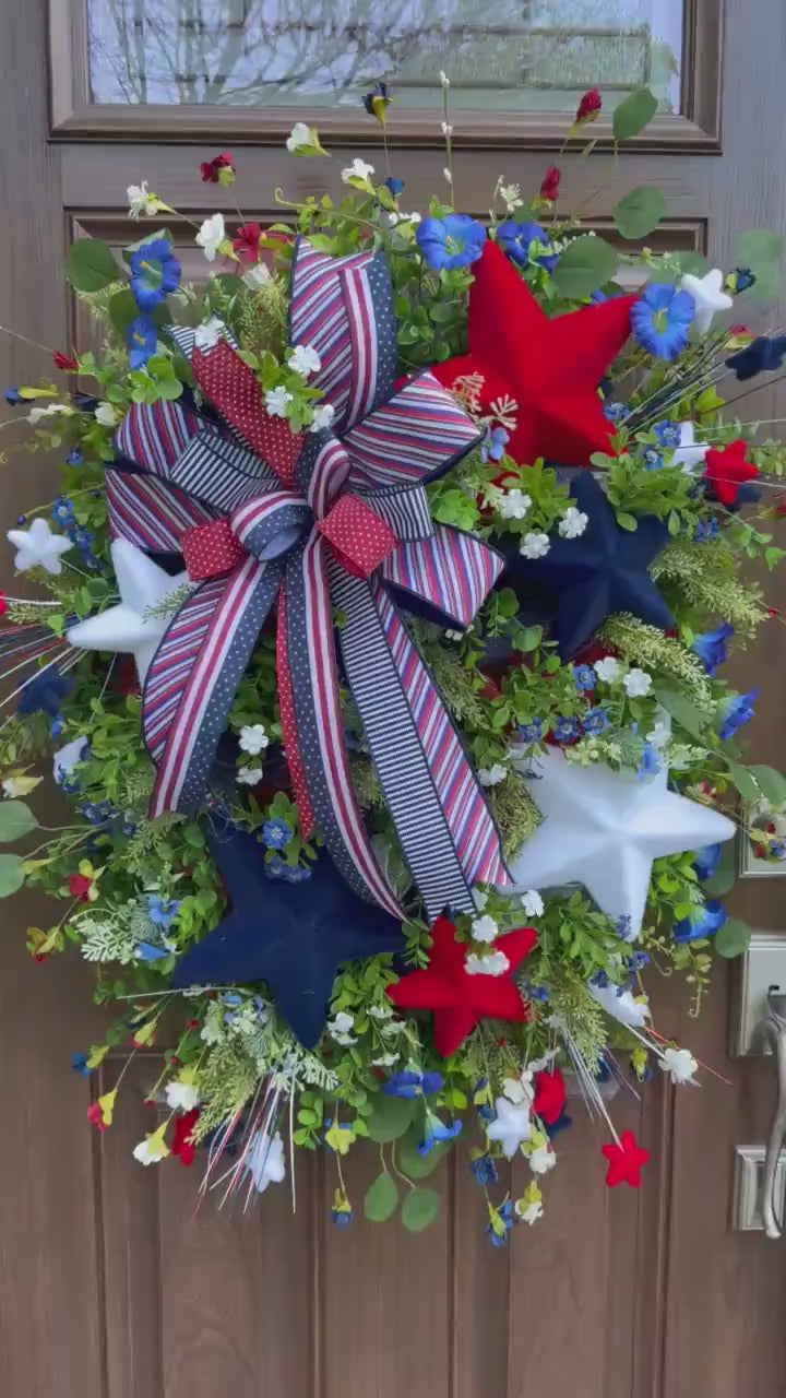 Patriotic Star Wreath for Front Door, Red White and Blue Summer Wreath, 4th of July Decor, Memorial Day Wreath, Americana Door Hanger