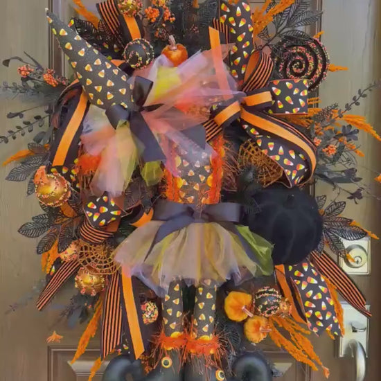 Halloween Witch Wreath, Candy Corn Decor, Black Orange Front Door Hanger, Spooky Halloween Porch Decoration