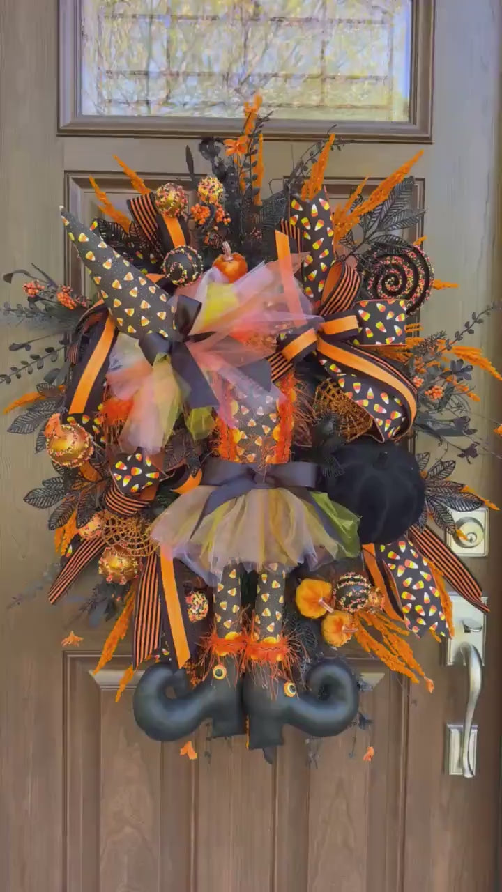 Halloween Witch Wreath, Candy Corn Decor, Black Orange Front Door Hanger, Spooky Halloween Porch Decoration