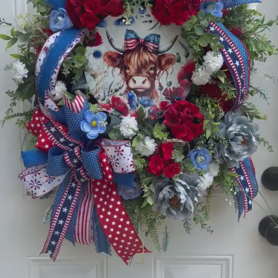 Highland Cow Wreath for Front Door Patriotic Deco Mesh Home Decor for Outdoor Porch or Indoor Office Hanging Farmhouse Cow Wreath Labor Day