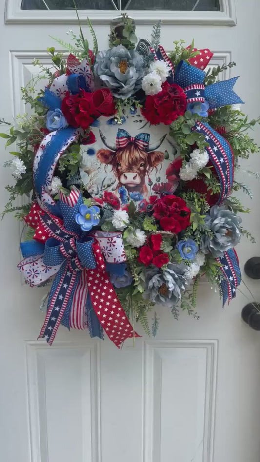Highland Cow Wreath for Front Door Patriotic Deco Mesh Home Decor for Outdoor Porch or Indoor Office Hanging Farmhouse Cow Wreath Labor Day