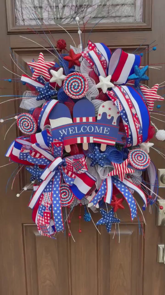 Patriotic Welcome Wreath for Front Door, 4th of July Door Decor, Red White Blue Porch Wreath, Summer Outdoor Front Porch Decoration