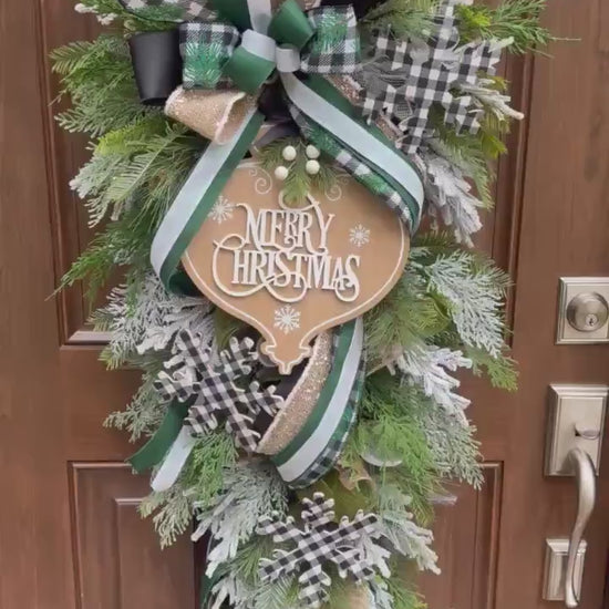 Woodland Merry Christmas Teardrop Swag Wreath Rustic Outdoor Porch Seasonal Holiday Decor for House or Gift Handmade Home Decor for Doors