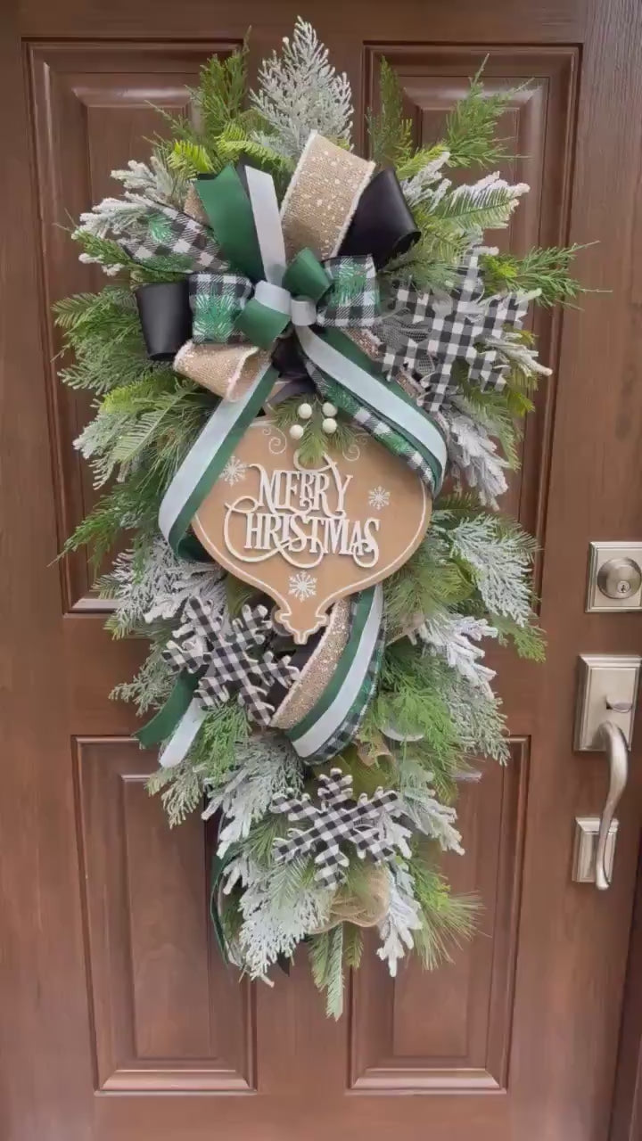 Woodland Merry Christmas Teardrop Swag Wreath Rustic Outdoor Porch Seasonal Holiday Decor for House or Gift Handmade Home Decor for Doors