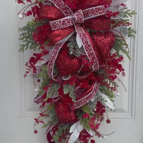 Elegant Valentines Day Swag Wreath for Door, Glam Red Heart Wreath Home Decor, Red and White Valentine Wall Hanger
