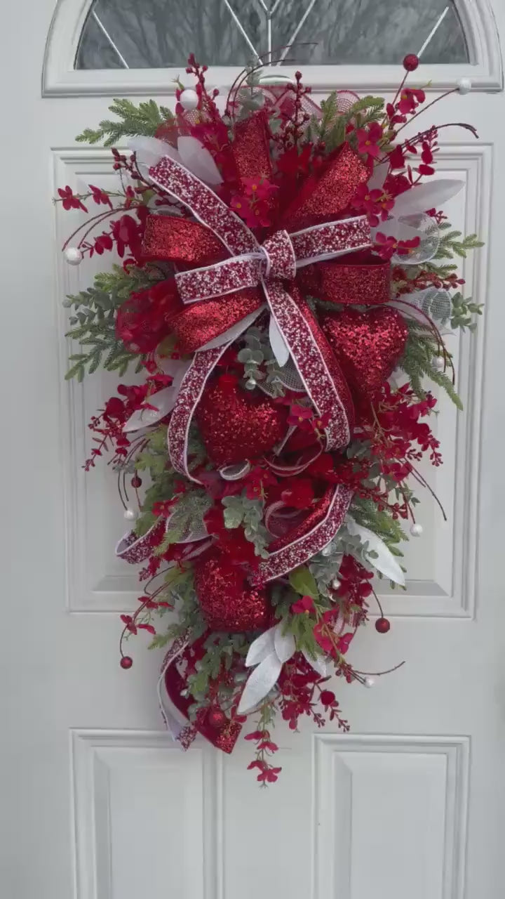 Elegant Valentines Day Swag Wreath for Door, Glam Red Heart Wreath Home Decor, Red and White Valentine Wall Hanger