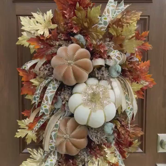 Elegant Fall Pumpkin Wreath, XL Large Autumn Swag Door Decor for Outdoor Porch or Indoor Office Wall Hanger, Fall Hostess Gift