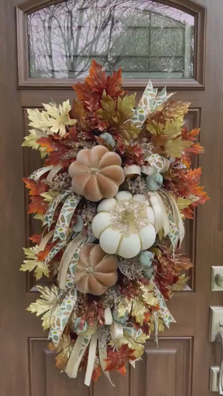 Elegant Fall Pumpkin Wreath, XL Large Autumn Swag Door Decor for Outdoor Porch or Indoor Office Wall Hanger, Fall Hostess Gift