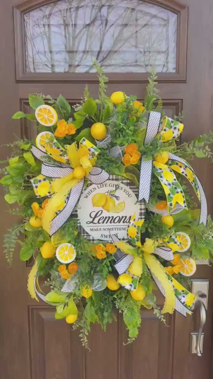 When Life Gives You Lemons Wreath – Lemon Front Door Hanger – Yellow & Black Buffalo Check Wreath – Farmhouse Summer Door Decor