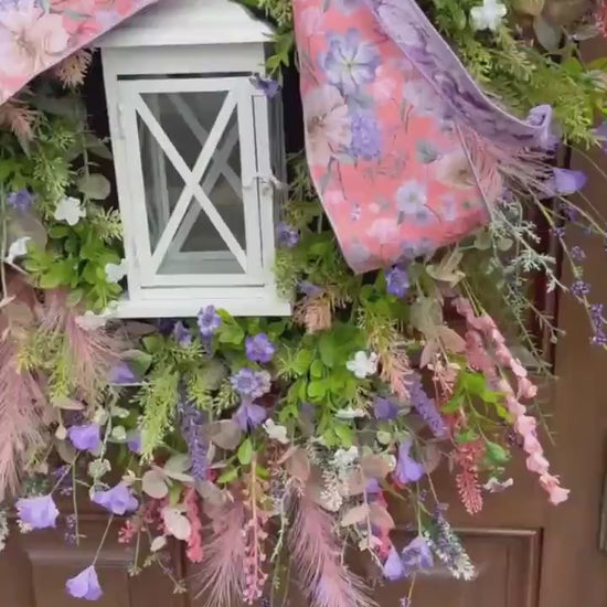 Spring Floral Lantern Wreath, Pink Purple Wildflower Wreath, Cottage Garden Door Decor, Large Front Door Wreath, Mother’s Day Gift