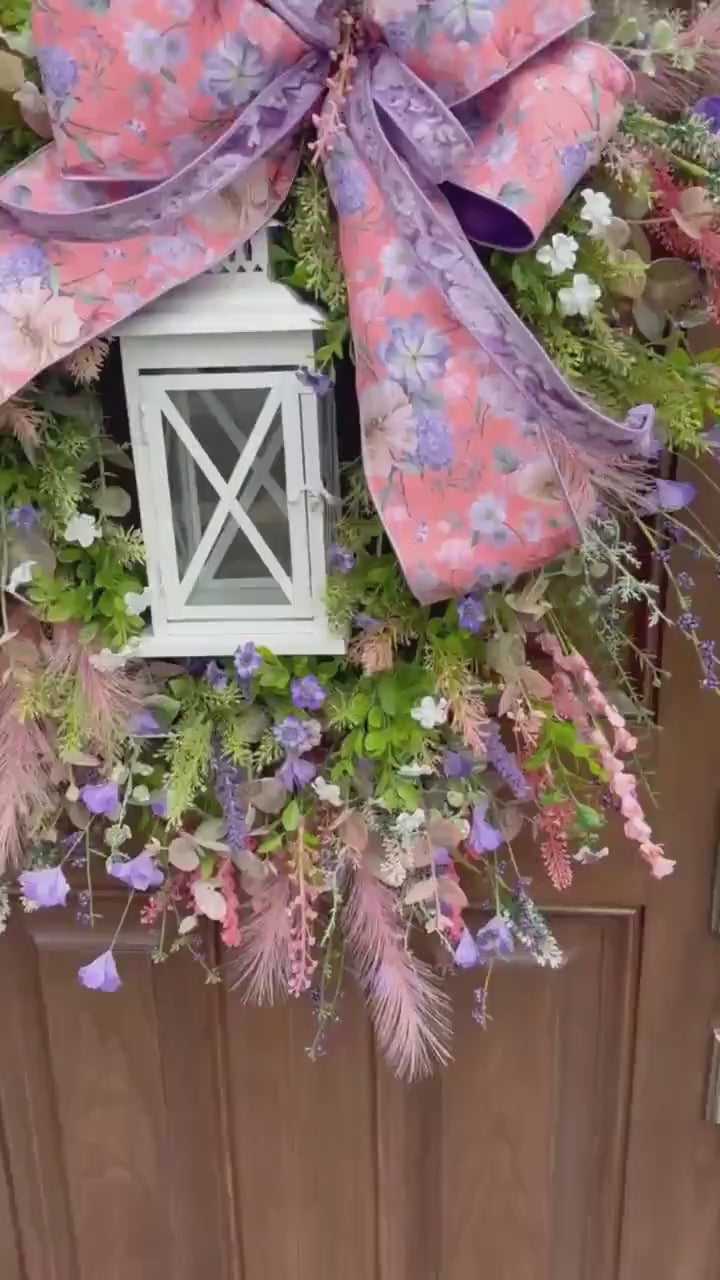 Spring Floral Lantern Wreath, Pink Purple Wildflower Wreath, Cottage Garden Door Decor, Large Front Door Wreath, Mother’s Day Gift