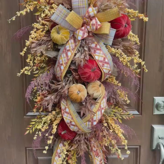 Rustic Fall Pumpkin Swag Wreath for Door, Elegant Fall Home Decor for Front Porch or Office Wall Hanger, Fall Hostess Gift For Her Mom